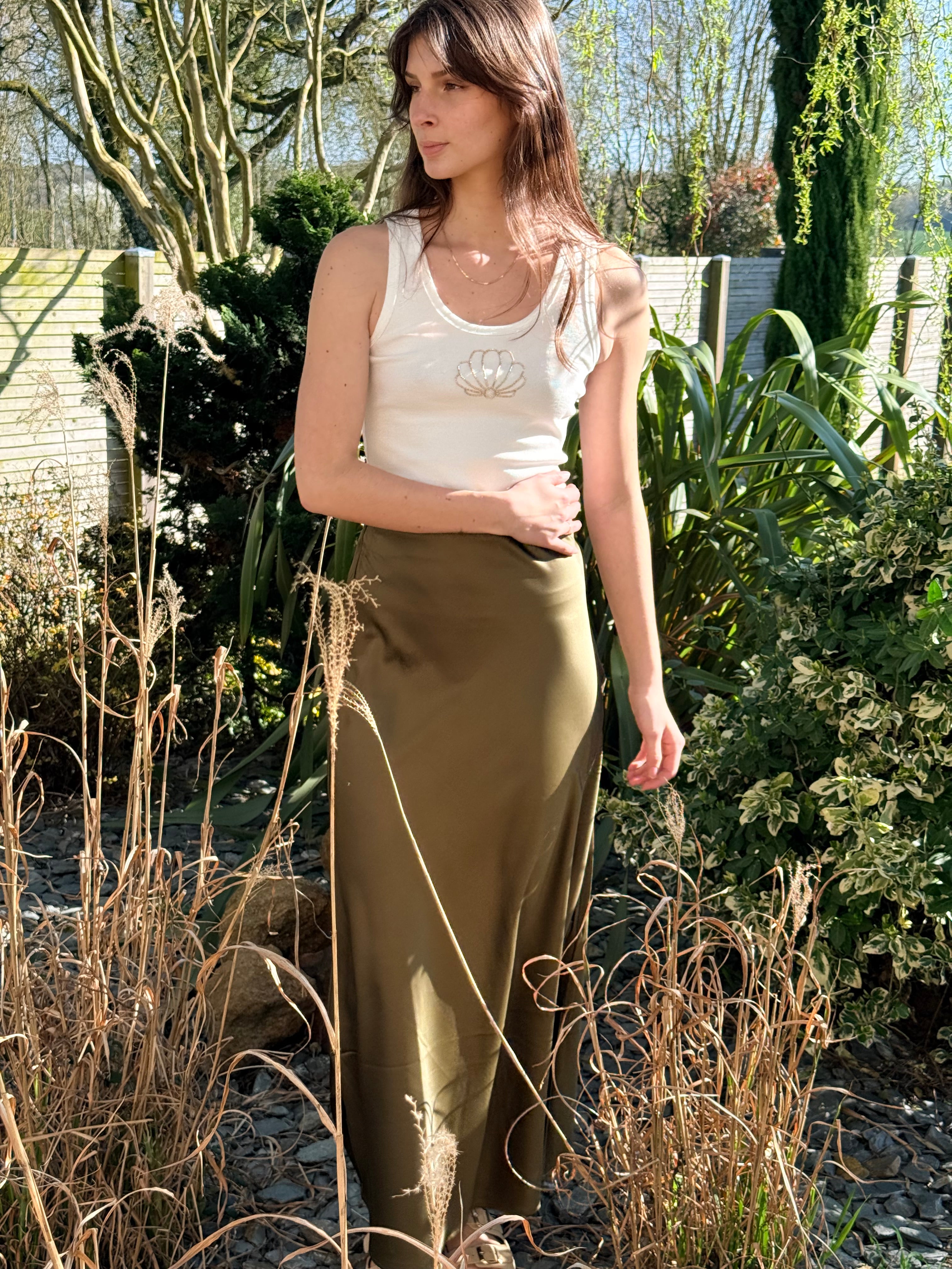 JUPE LONGUE SATINÉE 43129E KAKI